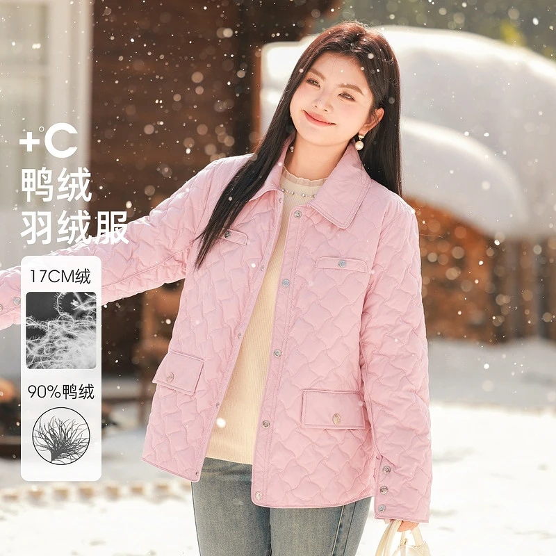 【90%白鸭绒小香短款菱格好羽绒服】MsShe大码女装秋冬外套E2409046