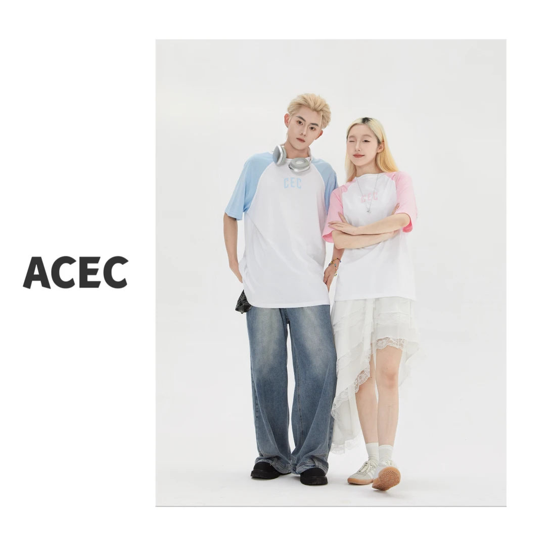 Acec新款男女同款插肩短袖T恤拼接潮牌宽松重磅棉撞色情侣款必备