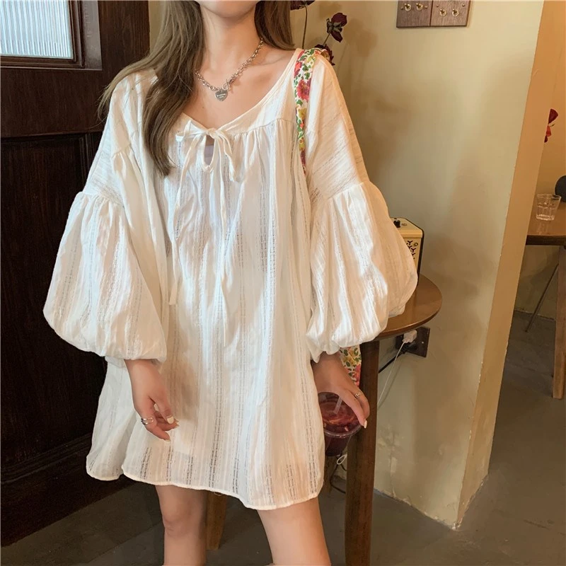 棉麻上衣白色法式衬衣夏泡泡袖衬衫女设计感小众宽松中长款娃娃衫