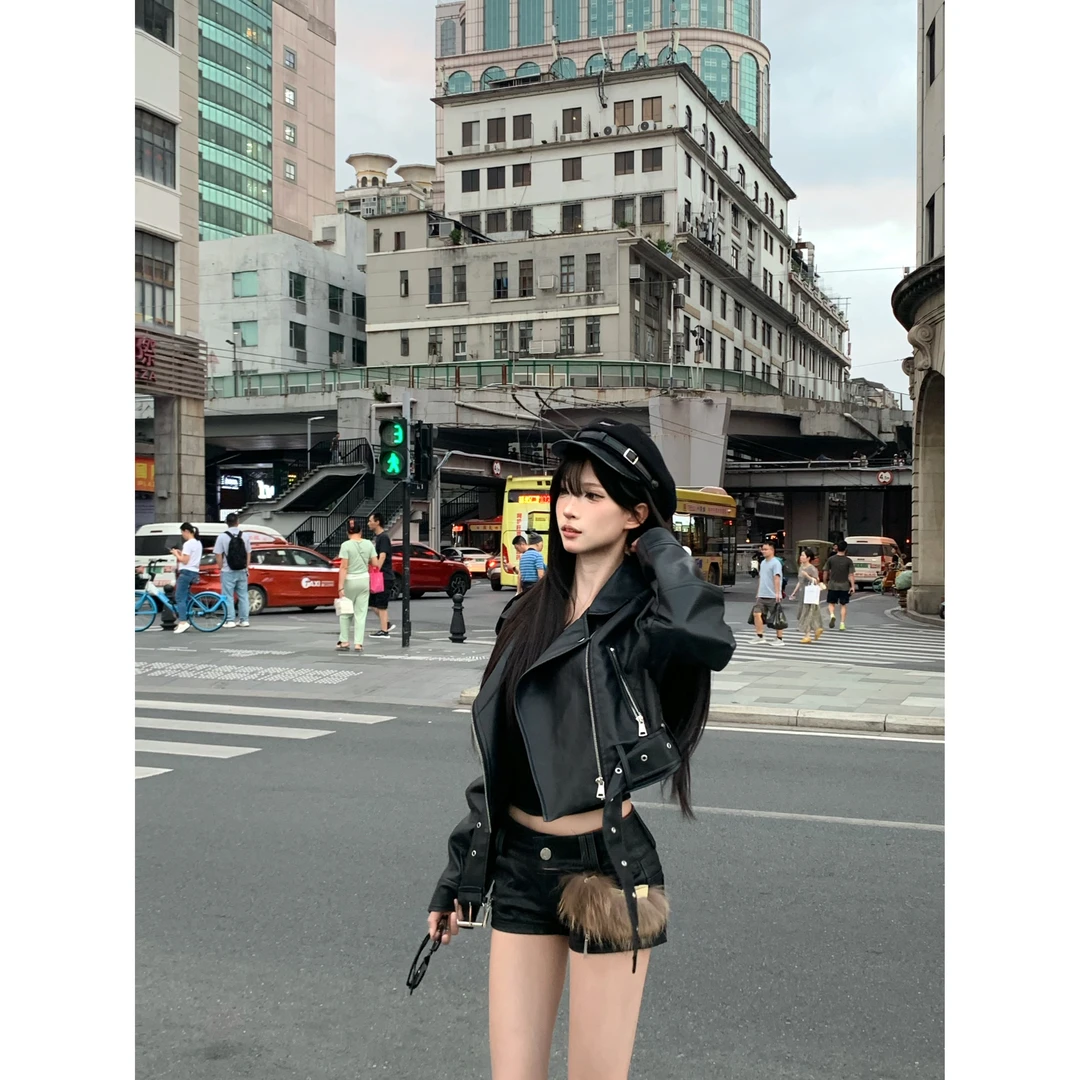 绘梨衣【反转巴黎】秋季辣妹风机车拼接重工夹克黑色PU短款显瘦外套