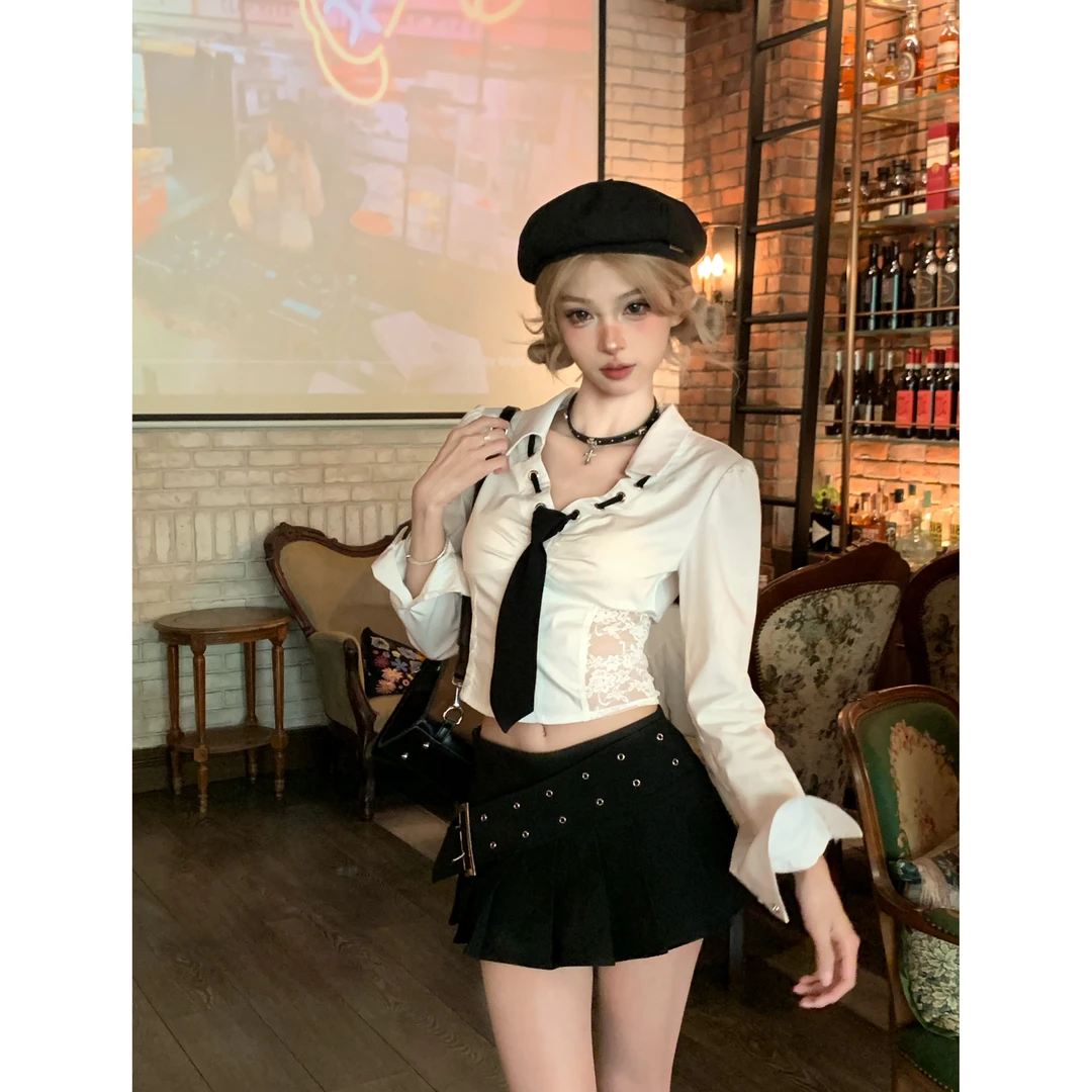 绘梨衣【元气爱豆】纯欲感长袖蕾丝拿捏显瘦衬衣女配高腰显瘦短裙