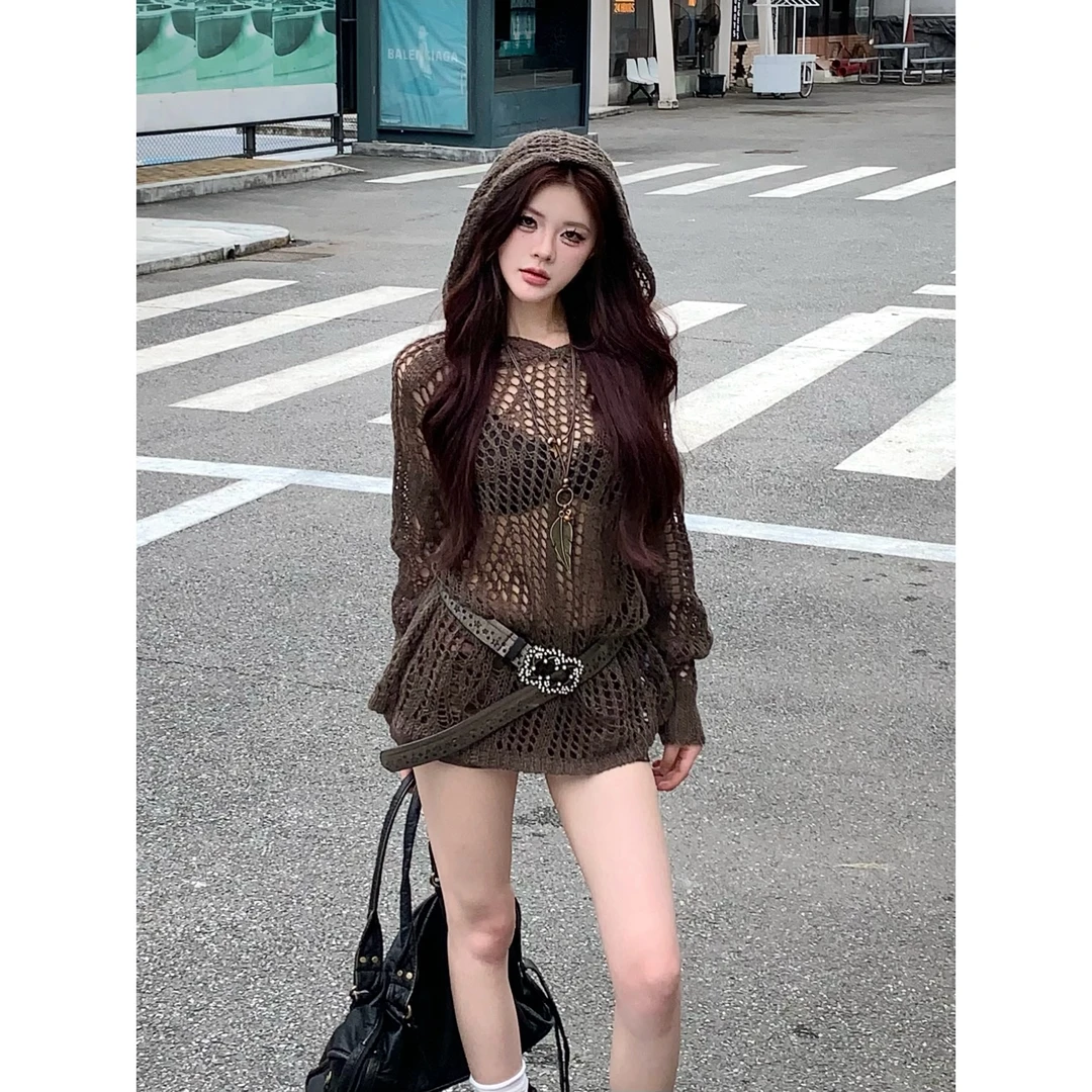PIQIYI【拽姐公式】蛛网连帽针织美式小众镂空长袖短裤两件套