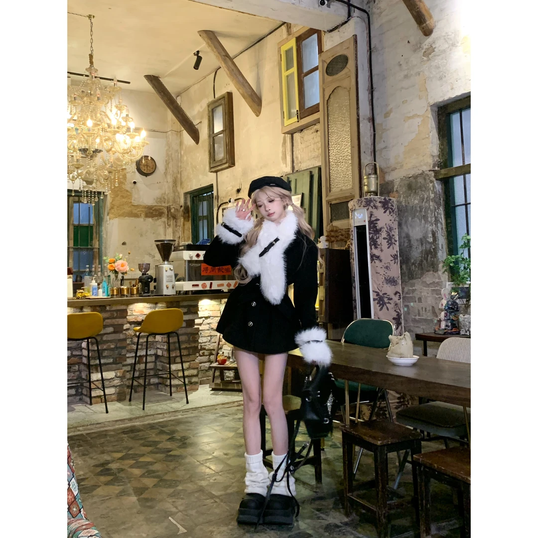 绘梨衣【苏黎世千金】秋冬加厚夹棉西装呢子显瘦毛领外套短裤套装