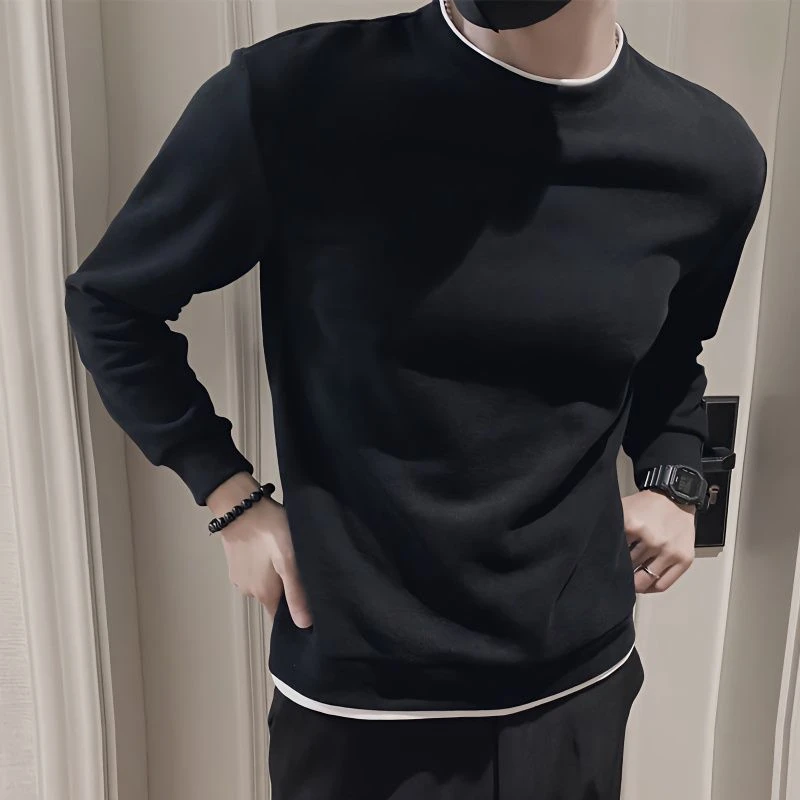 潮流卫衣男假两件黑色圆领百搭长袖上衣服2023春秋休闲纯棉打底衫