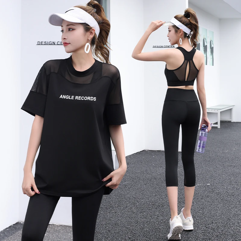 瑜伽服套装女大码宽松网纱夏季七分紧身三件套速干训练显瘦健身服