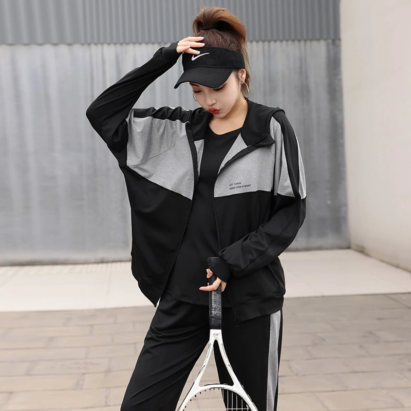 跑步运动女套装晨跑服宽松哈伦裤2024新款时尚休闲大码速干运动服