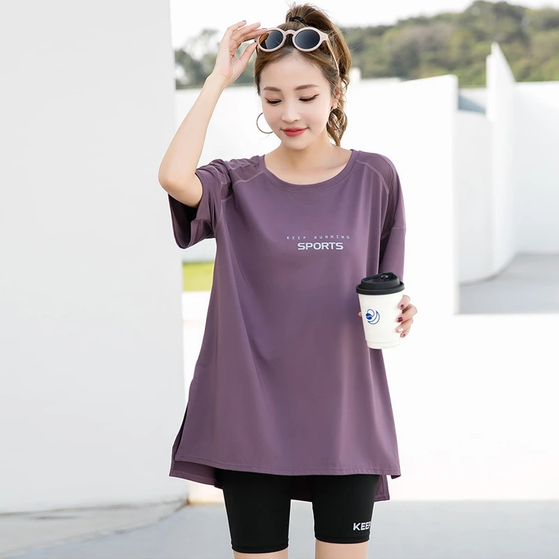瑜伽T恤女 大码宽松速干衣网纱拼接加长款透气训练时尚减肥运动衣