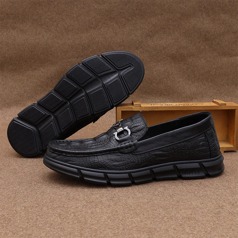 头层牛皮男士休闲鞋韩版百搭潮鞋鳄鱼纹透气舒适懒人鞋套脚皮鞋男