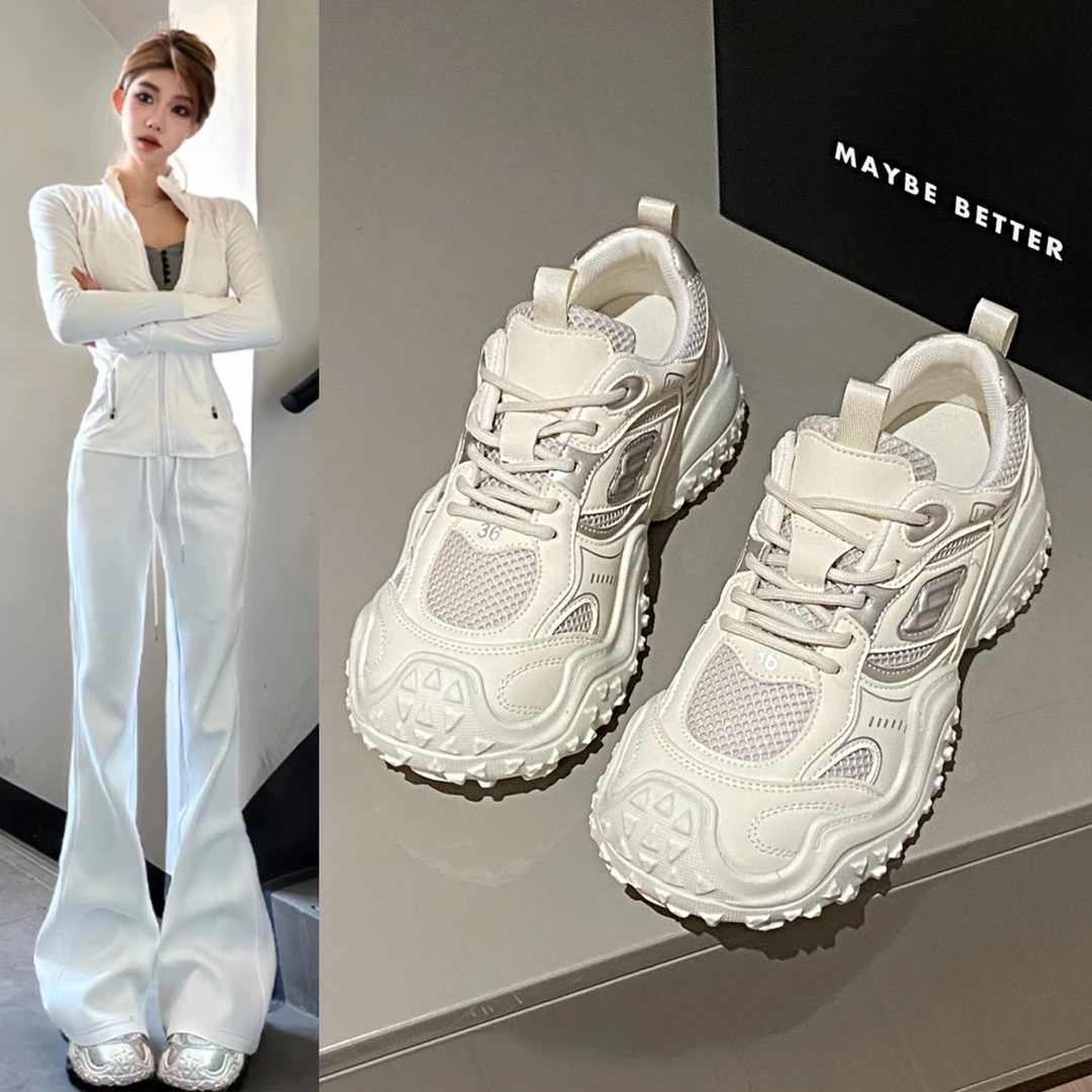 厚底老爹鞋女款2024夏季新款网面透气轻便增高超火银色休闲运动鞋