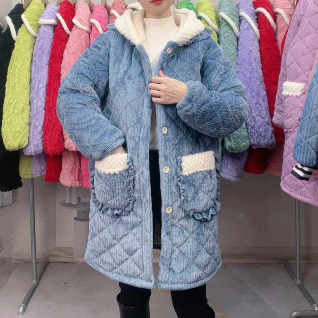 2024罩衣女外冬季新款加绒睡衣加厚保暖三层夹棉时尚外套棉服