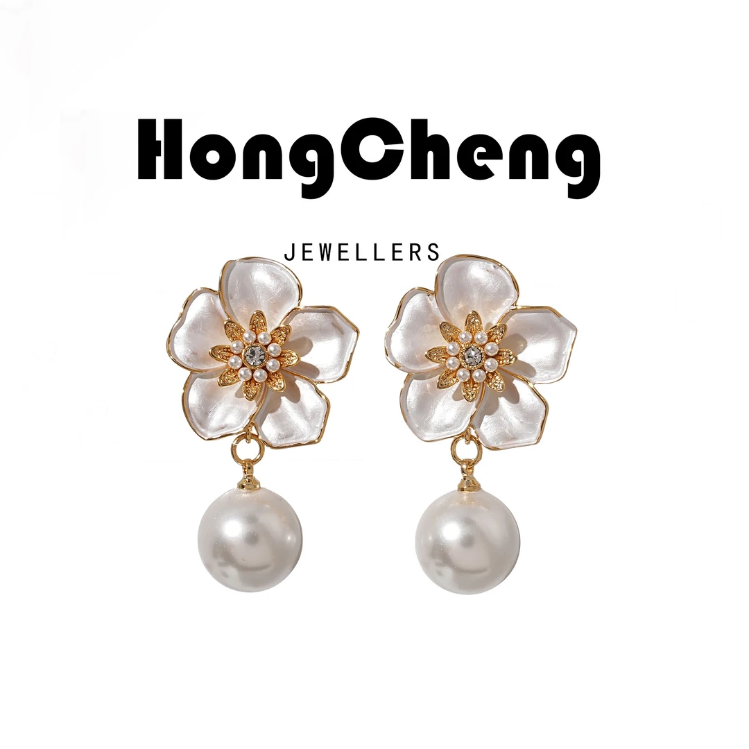 铜合金仿珍珠耳饰  山茶花珠珠气质轻奢镶嵌耳环NL7048-01-45