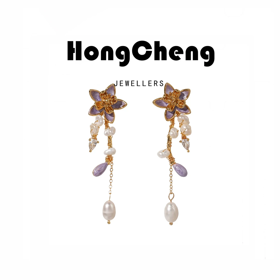 「天然珍珠耳环」紫气釉流苏手工镶嵌合成锆耳饰NL7202-87