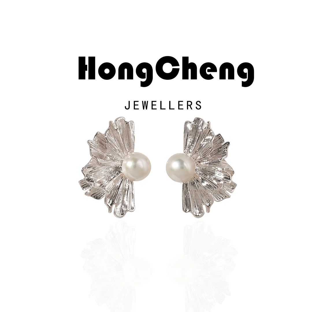 铜合金仿珍珠耳饰 925银针手工褶皱扇形极简风耳钉NL8442-90