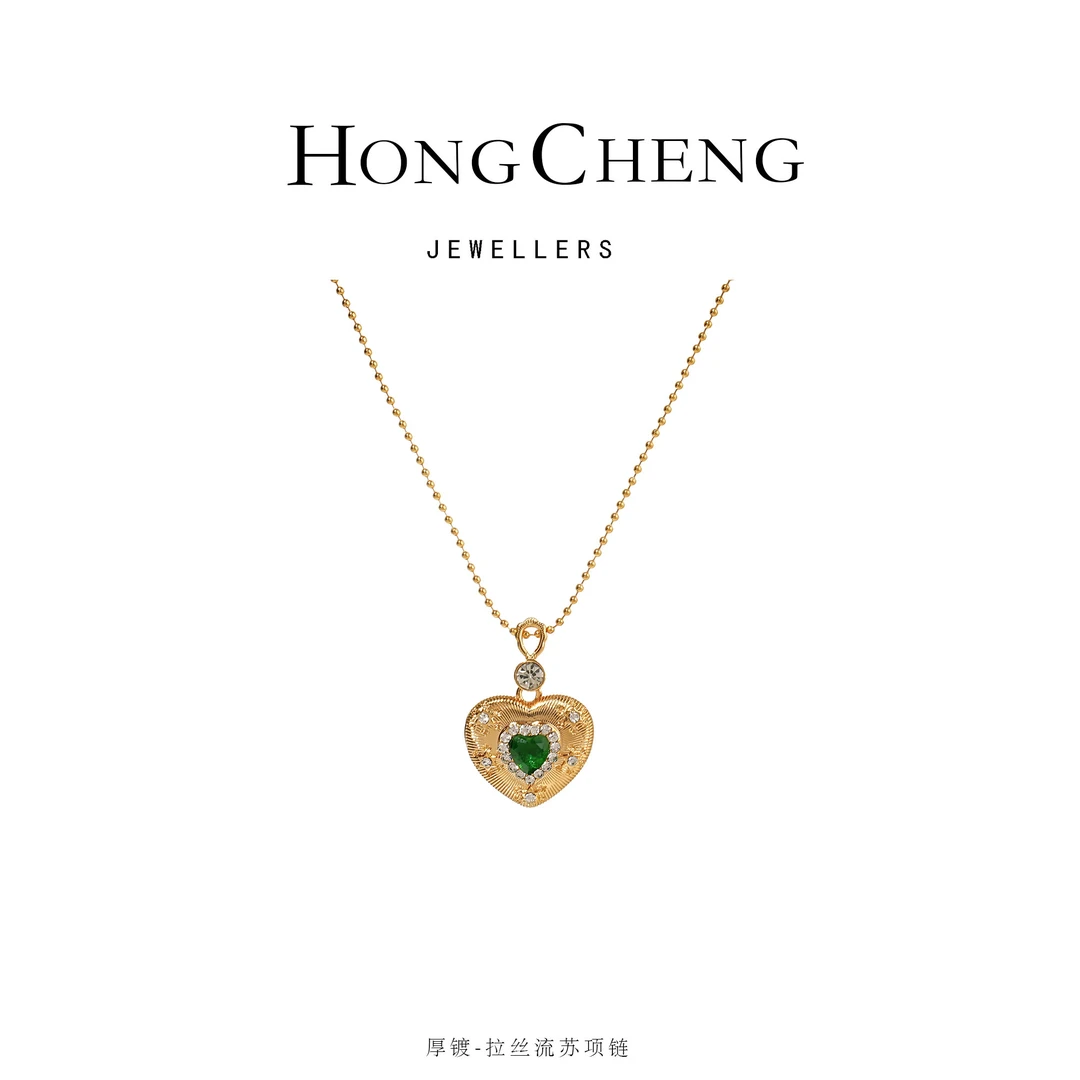 铜合金项链 复古拉丝绿色镶嵌重工桃心项链毛衣链NL1965