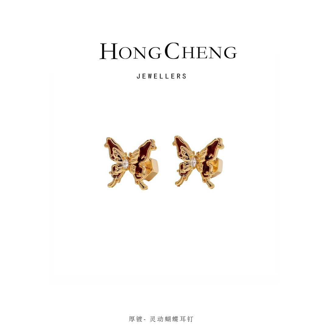 铜合金合成锆石耳饰  L'ART▪ 高奢精致浮雕蝴蝶耳钉NL9450-423