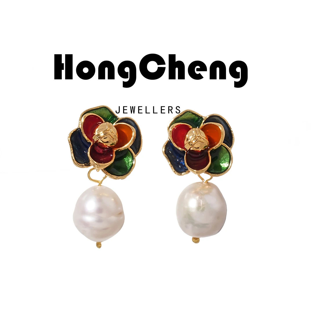 铜合金仿珍珠耳饰 法式复古山茶花珐琅耳环NL7546