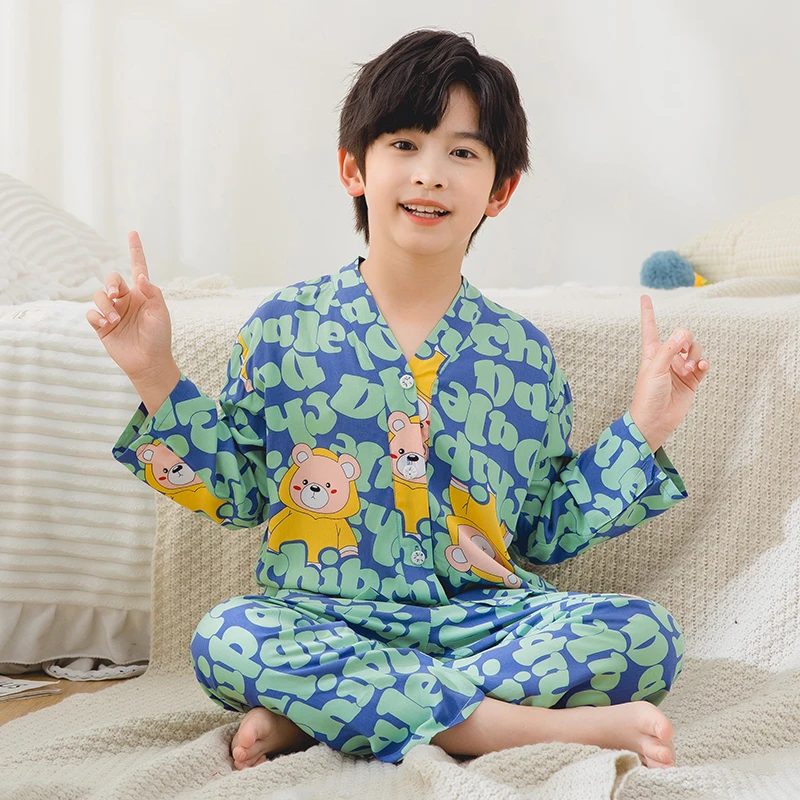 夏季儿童棉绸睡衣宝宝长袖薄款家居服男童睡衣儿童棉绸套装