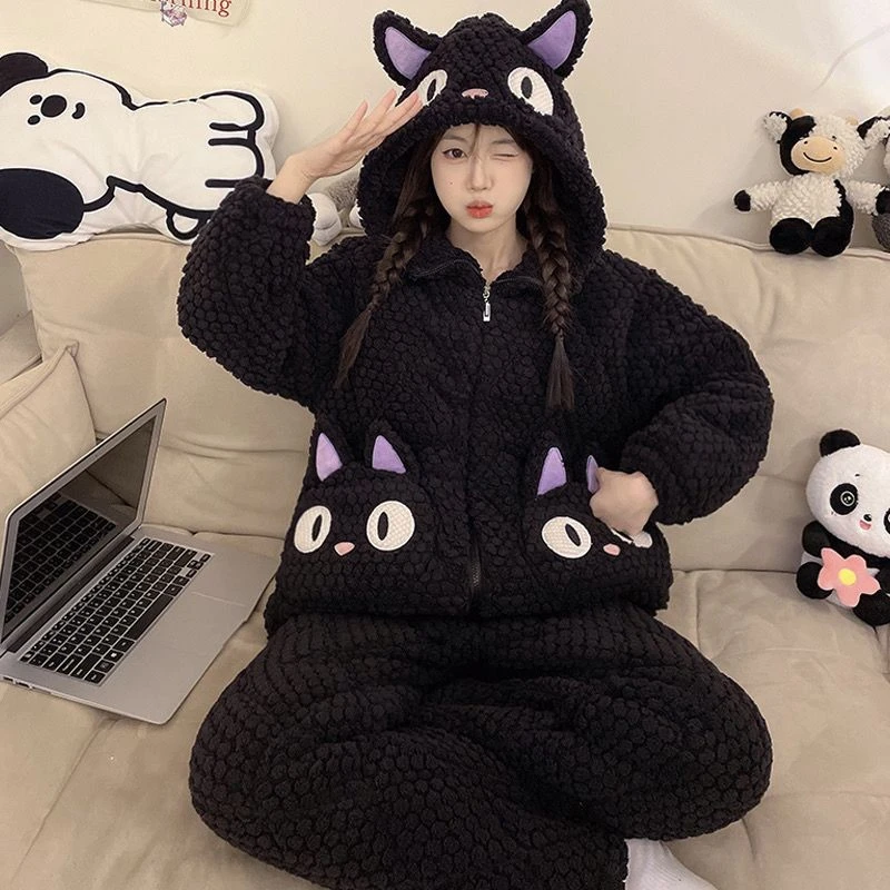 爆款睡衣女三层夹棉秋冬加厚加绒冬天外穿新款可爱连帽家居服套装