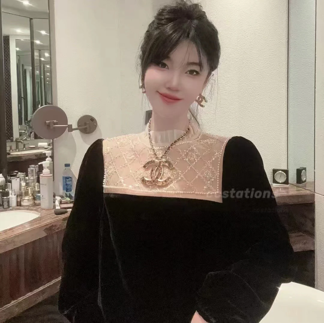 设计感小众钉珠洋气长袖t恤女2024秋冬新款欧货小衫金丝绒打底衫