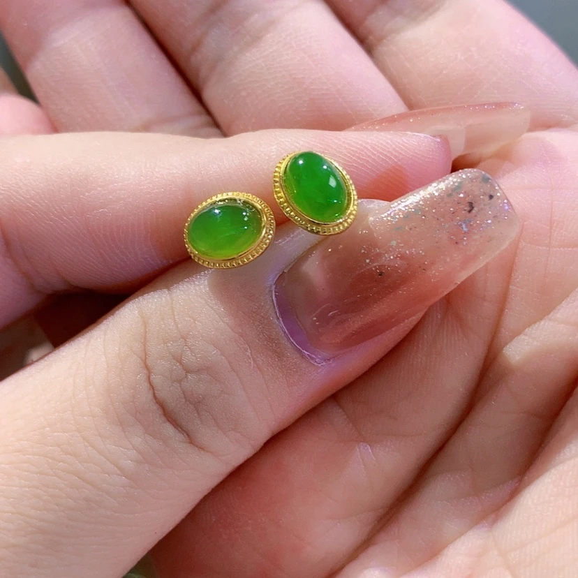 【闪购商品】和田玉（碧玉）耳饰银S925镀金镶嵌