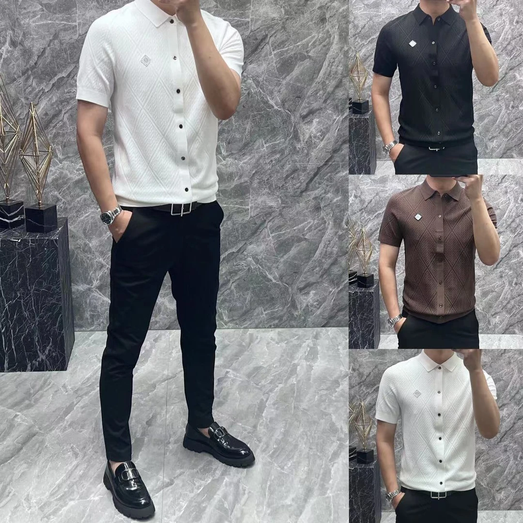 新款男士休闲时尚潮流百搭轻奢翻领高品质开衫针织短袖  266-2521