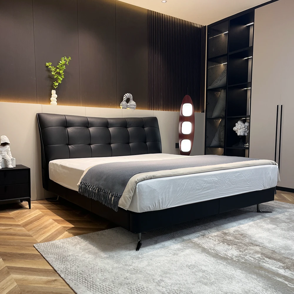 【曜石黑】某巴同款公爵真皮大床主卧头层牛皮床意式极简家用皮床