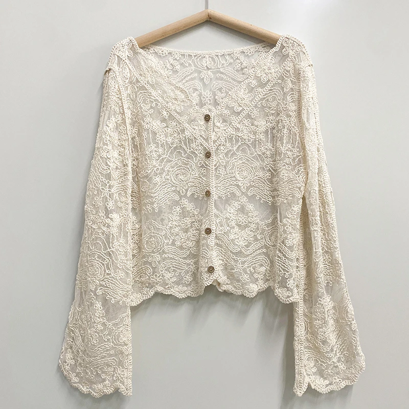 超仙蕾丝镂空长袖针织上衣防晒衣女性感网纱罩衫蕾丝衫披肩小外套