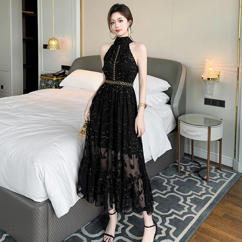 夏季黑色蕾丝显瘦高腰收腰时尚修身女装法式轻奢无袖气质91245