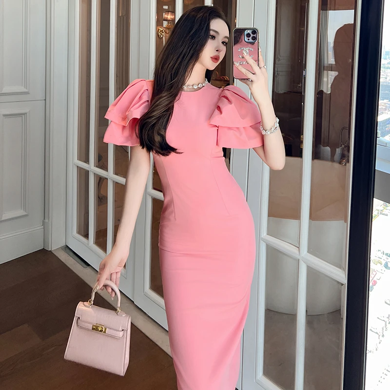 气质夏季法式修身名媛宴会显瘦性感开叉收腰泡泡袖包臀方领30513