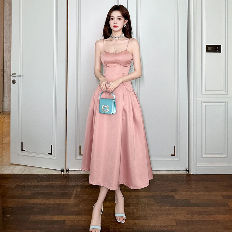 甜美浪漫百搭粉色遮肉气质带胸垫醋酸缎面吊带修身连衣裙6035