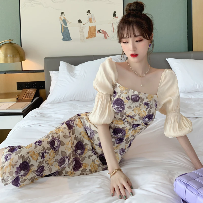 温柔风法式茶歇方肩连衣裙中长款碎花性感小晚礼服初恋长裙女4125