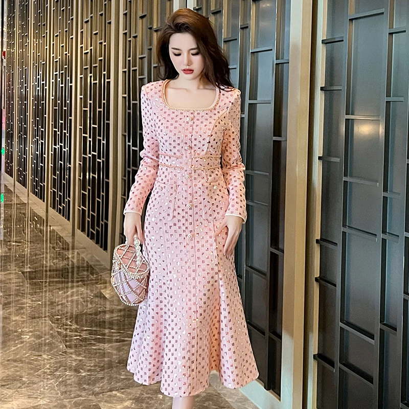 名媛温柔方领显瘦气质长袖法式时尚复古春季收腰修身连衣裙50696