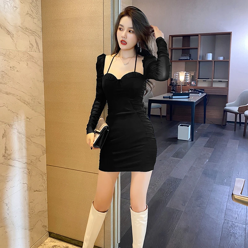 秋装新款女装法式方领网纱拼接褶皱收腰包臀连衣裙小个子9433