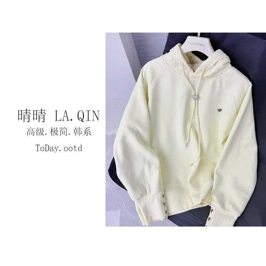晴晴家 -【高频好穿】韩系时尚百搭加厚纯色爱心扣宽松休闲卫衣3902