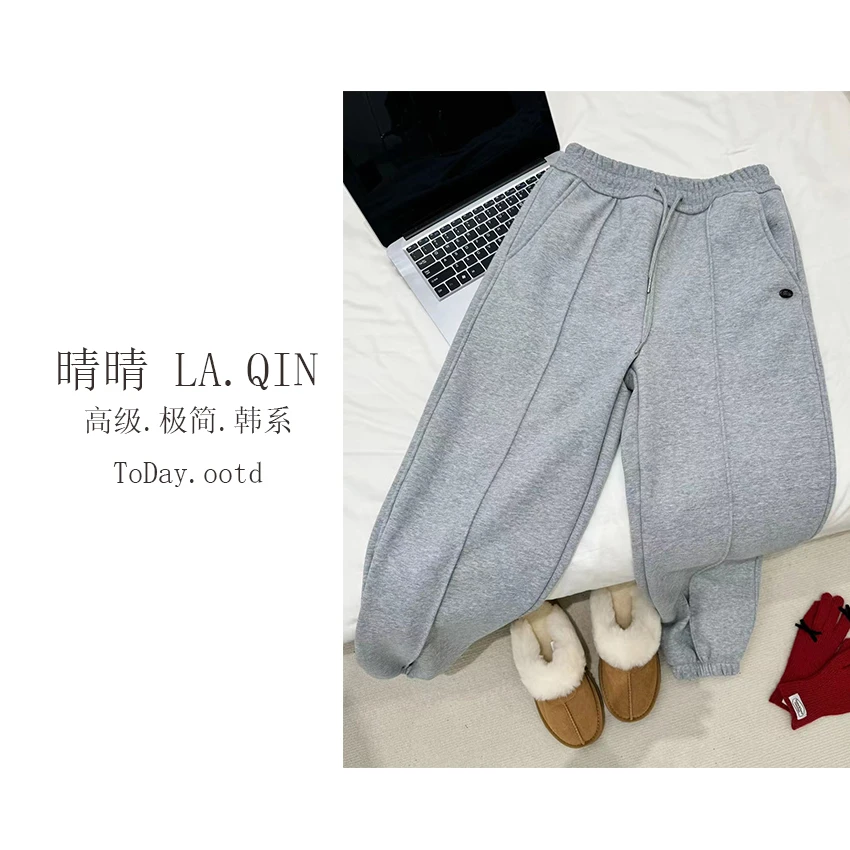 晴晴家-【拼接收脚裤】秋冬时尚高腰抽绳加绒百搭拼接线收脚裤4454