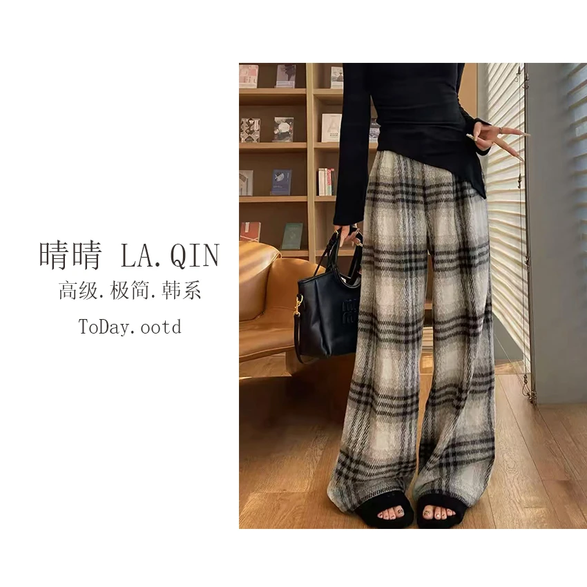 晴晴家-【毛呢格纹裤】复古美拉德色系高腰随性垂感格子阔腿裤02