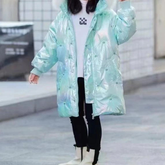 棉袄儿童棉服半开领中长款保暖冬季连帽童装免洗印花洋气中大童