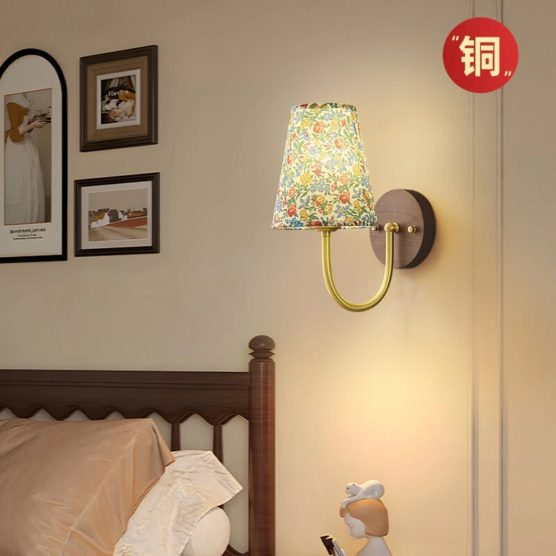 全铜美式侘寂风复古碎花床头壁灯法式中古卧室实木布艺装饰过道灯