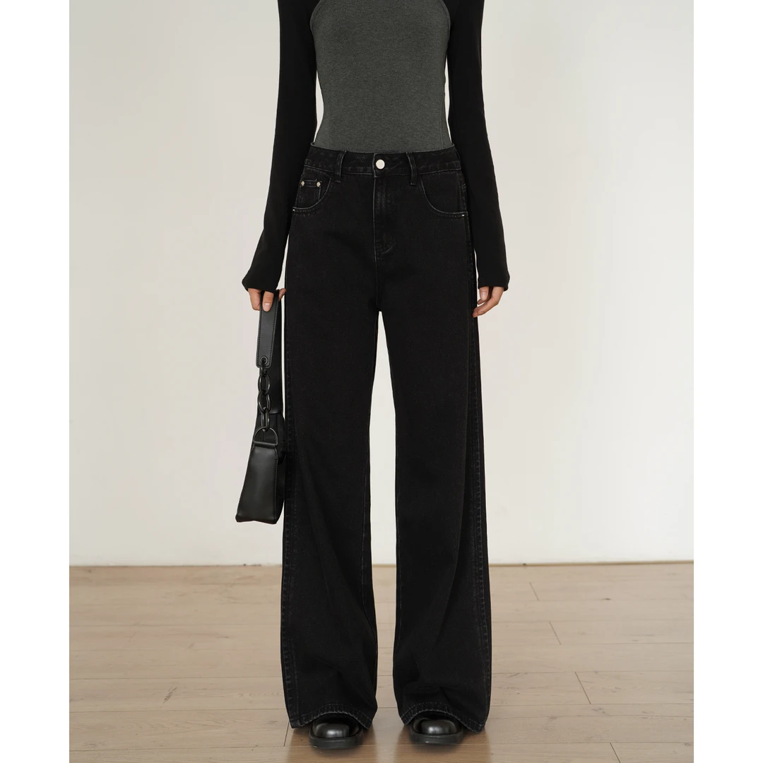 EIGHTHMONTH黑色直筒牛仔裤女秋季S91429阔腿阔腿西装裤