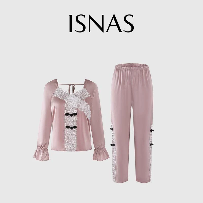 法国 ISNAS 新品睡衣春秋长袖套装女士冰丝新中式家居服缎面睡衣