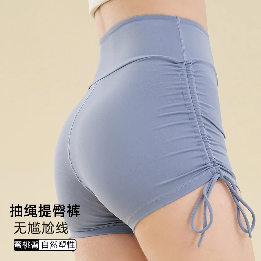 跨境运动瑜伽短裤女抽绳调节高腰蜜桃臀短裤速干健身跑步瑜伽热裤