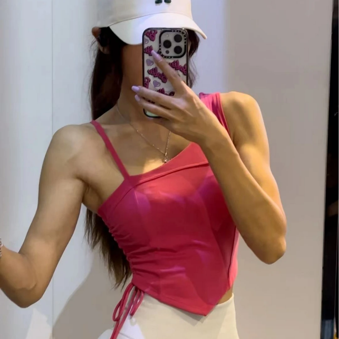 【爱琳专属】春夏新款瑜伽背心固定杯个性肩带单侧抽皱运动健身上衣