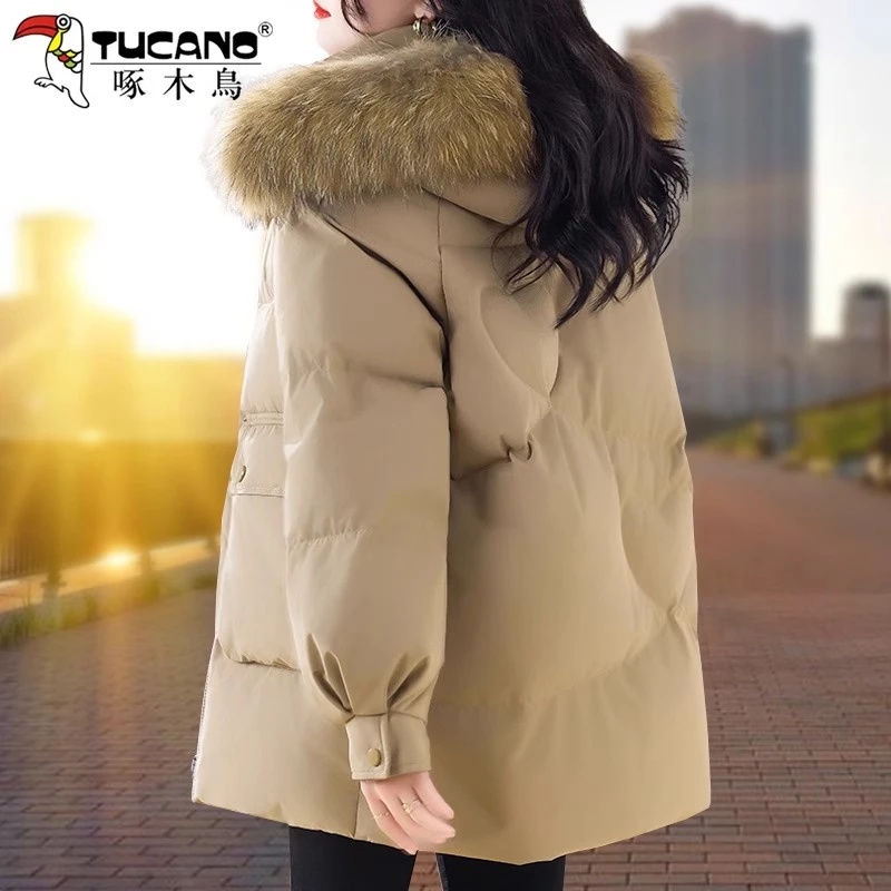 【官方】啄木鸟狐狸毛领羽绒服女冬季2025新款保暖中长款白鸭绒外套