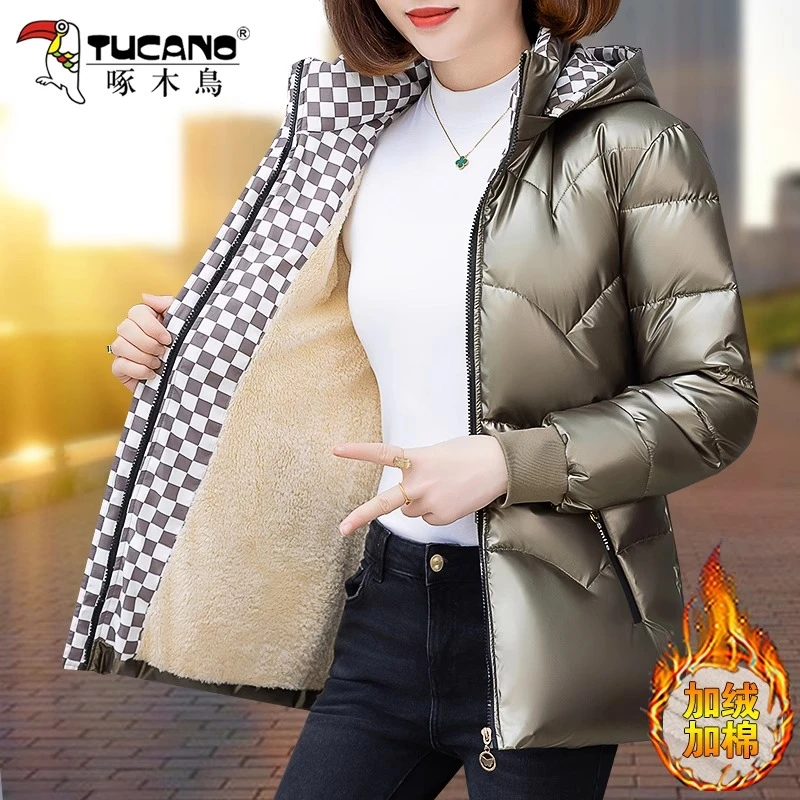 【官方】啄木鸟亮面棉服女2025年新款爆款冬季女士妈妈加绒加厚棉衣