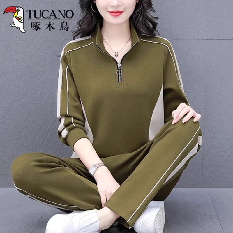 【官方】啄木鸟品牌春秋款运动套装女宽松大码长袖两件套减龄休闲服