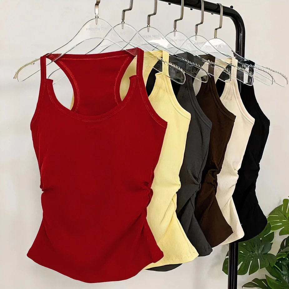 韩版工字修身背心褶皱设计感不规则百搭带胸垫加长背心美背可外穿