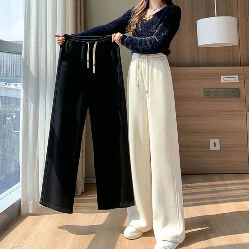 欧棉绒阔腿裤秋冬加绒休闲裤女韩版宽松高腰垂感拖地窄版直筒裤子