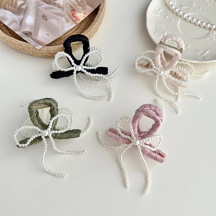 首闻韩系高品质珍珠蝴蝶结抓夹女2024新款高级感半扎发量少鲨鱼夹