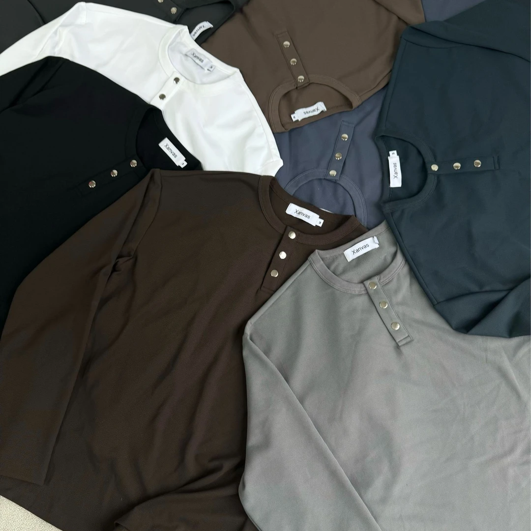 Xanvas华夫格提花磨毛7A抗菌亲肤透气亨利领打底长袖基础boxy百搭