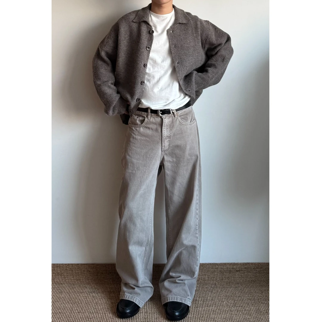 【i哥首发】Xanvas燕麦色浅卡其成衣染色水洗直筒微喇阔腿A字牛仔裤